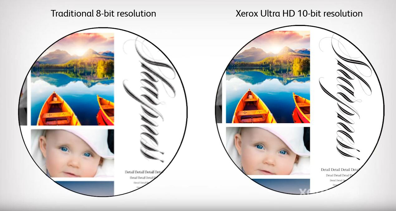 Ultra HD Print Resolution (Standard 8-bit vs. Xerox 10-bit)